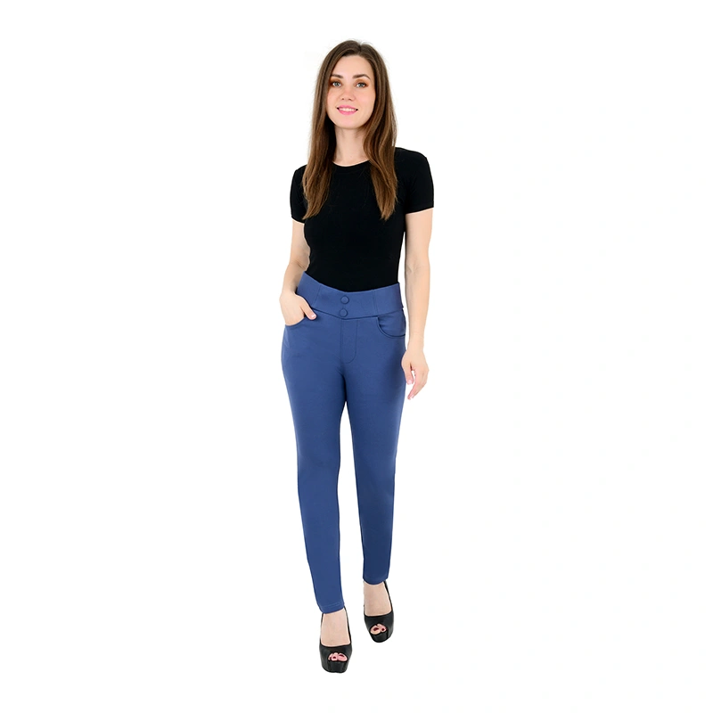 Female model in black top with denim blue high-waist button trousers - fashion ecommerce photography by Lohar Studio Delhi